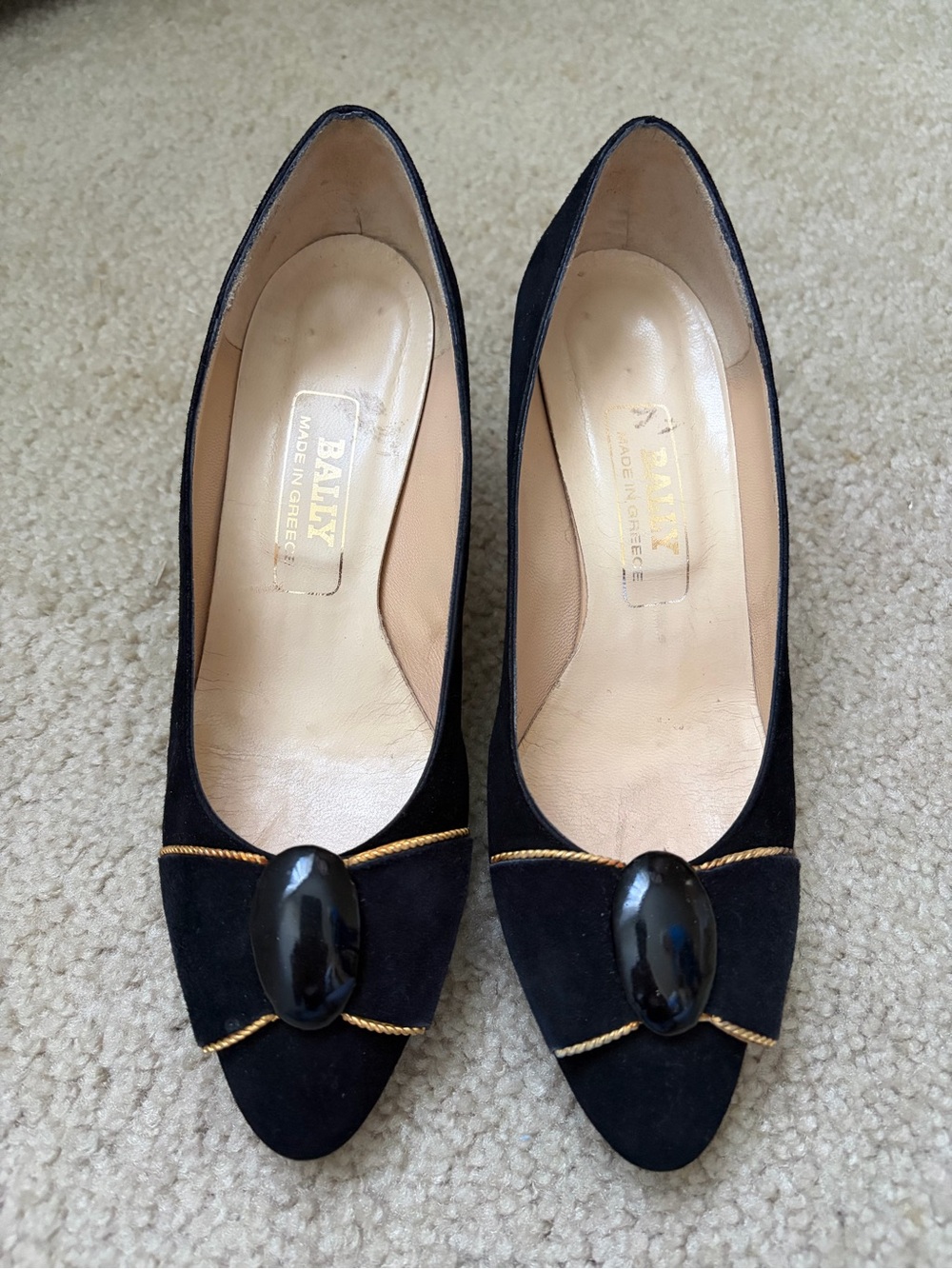 Bally Black Suede Pointed Toe Pumps w/ Gold Trim. Original luxury item.